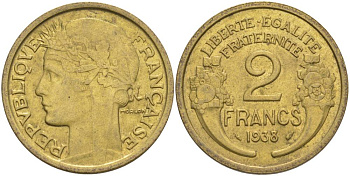 Франция 2 франка 1938 тип Морлон KM 886, Le Franc 268.11 алюминиевая бронза 3460-543