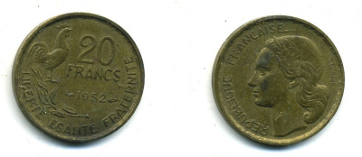 ФРАНЦИЯ 20 ФРАНКОВ 1952 KM 917.1 алюминиевая бронза 84-825