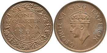 Британская Индия 1/4 анна 1942 Георг VI (1937-1952) KM 531 бронза aUNC 3461-154