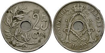 Бельгия 25 сантимов 1922 Belgie, Альберт I (1909-1934) KM 69 медно-никель 4165-843
