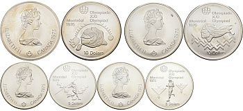 Канада набор из 4 монет 1975 XXI олимпийские игры в Монреале, 5, 5, 10, 10 долларов, в оригинальной коробке, с сертификатом KM 98, 99, 102, 103 серебро UNC 00-00