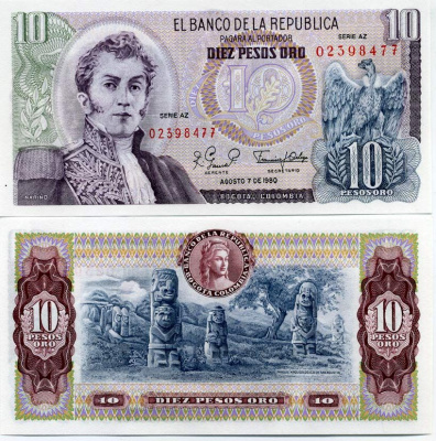 Колумбия 10 песо 1980 7 августа 1980, Антонио Нариньо Pick 407g бумага UNC (пресс) 447-44-3