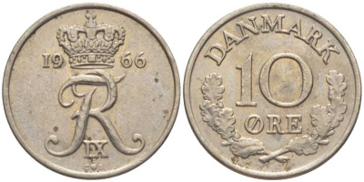 Дания 10 эре 1966 С; S, Фредерик IX (1947-1972) KM 849.1 медно-никель 201-1225