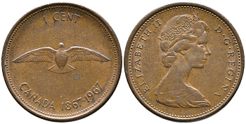 Канада 1 цент 1967 Елизавета II (1952-2022), 100 лет Конфедерации Канады KM 65 бронза 4528-761