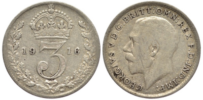 Великобритания 3 пенса 1916 Георг V (1910-1936) KM 813, Spink 4015 серебро 4528-446