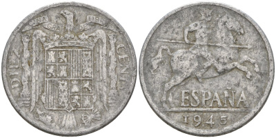 Испания 10 сентимо 1945 Франсиско Франко (1939 - 1975) KM 766 алюминий 4155-232