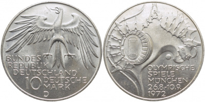 ФРГ 10 МАРОК 1972 D, ОЛИМПИАДА, СТАДИОН KM 133, J.404 серебро 109-724
