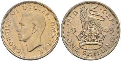 Великобритания 1 шиллинг 1949 Георг VI (1936-1952), Английский герб KM 876, Spink 4108 медно-никель 4591-653