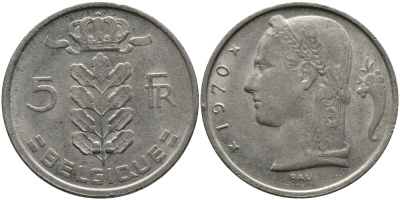 БЕЛЬГИЯ 5 ФРАНКОВ 1970 BELGIQUE KM 134.1 медно-никель 98-642