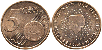 НИДЕРЛАНДЫ 5 ЕВРОЦЕНТОВ 2009 KM 236 сталь плакированная медью UNC 4391-256