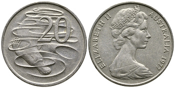 Австралия 20 центов 1977 Елизавета II (1952-2022), утконос KM 66 медно-никель 84-1012