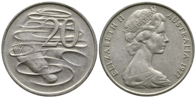 Австралия 20 центов 1977 Елизавета II (1952-2022), утконос KM 66 медно-никель 84-1012