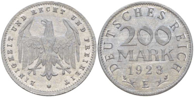 ГЕРМАНИЯ 200 МАРОК 1923 E KM 35, J. 304, Weege 22 алюминий 210-456