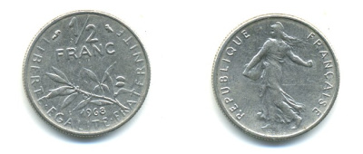 ФРАНЦИЯ 1/2 ФРАНКА 1968 KM 931.1 никель 25-824