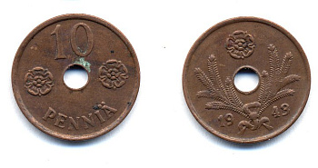 ФИНЛЯНДИЯ 10 ПЕННИ 1943 KM 33.1 медь 51-5025