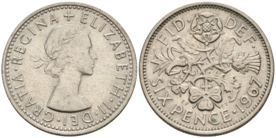 Великобритания 6 пенсов 1967 Елизавета II (1952-2022) KM 903, Spink 4149 медно-никель 4561-1056