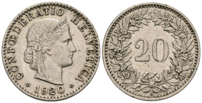 Швейцария 20 раппенов 1920 В KM 29 никель 4576-957