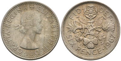 Великобритания 6 пенсов 1967 Елизавета II (1952-2022) KM 903, Spink 4149 медно-никель 75-1545