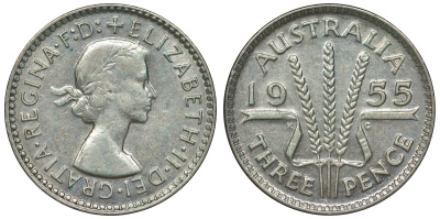 Австралия 3 пенса 1955 m, Елизавета II (1952-2022) KM 57 серебро 71-421