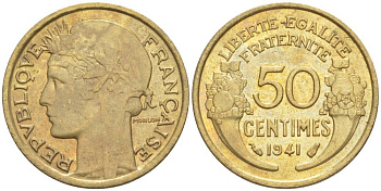 ФРАНЦИЯ 50 САНТИМОВ 1941 ТИП MORLON KM 894.1, LE FRANC 192.18 алюминиевая бронза 44-553