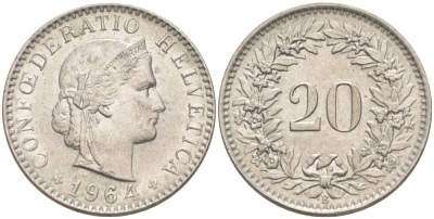 Швейцария 20 раппенов 1964 B KM 29a медно-никель 55-836