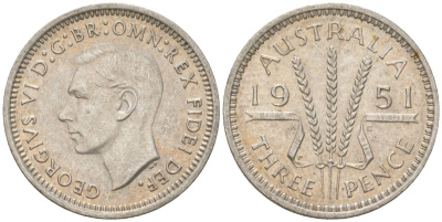Австралия 3 пенса 1951 PL, Георг V (1936-1952) KM 44 серебро 4621-1222
