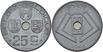 Бельгия 25 сантимов 1945 Belgie-Belgique, Леопольд III (1934-1947), германская оккупация KM 132 цинк 4395-435