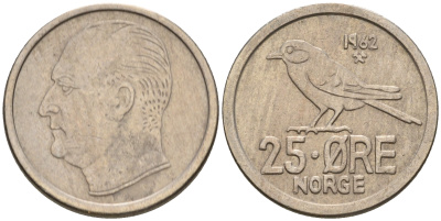 Норвегия 25 эре 1962 Улаф V (1958-1991), синица KM 407 медно-никель 4608-346