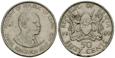Кения 50 центов 1989 Дэниэл арап Мои KM 19 медно-никель 4135-936