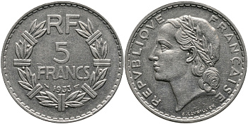 Франция 5 франков 1933 KM 888, Le Franc 336 никель 413-2541
