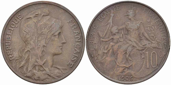 Франция 10 сантимов 1906 тип Дюпюи KM 843, LA FRANC 136.16 бронза 109-226
