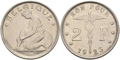Бельгия 2 франка 1923 Belgie, Альберт I (1909-1934) KM 92 никель 4393-336
