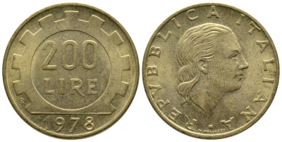 Италия 200 лир 1978 R, шестерня KM 105 алюминиевая бронза 47-543
