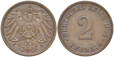 ГЕРМАНИЯ 2 ПФЕННИГА 1914 E KM 16, J. 11, Weege 4 медь 206-647