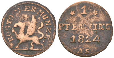 Росток 1 пфенниг 1824 AS, Адам Шиллер (1815-1824) KM 135 медь     4615-317