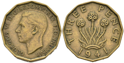 Великобритания 3 пенса 1941 Георг VI (1937-1952) KM 849, Spink 4112 никель латунь 4561-954