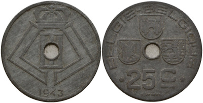 Бельгия 25 сантимов 1943 Belgie - Belgique, Леопольд III (1934-1947), германская оккупация, Вторая мировая война KM 132 цинк 4157-542