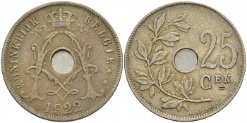 Бельгия 25 сантимов 1922 Belgie, Альберт I (1909-1934) KM 69 медно-никель 4529-1125