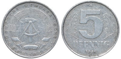ГДР 5 ПФЕННИГОВ 1968 A KM 9.1 алюминий 62-225