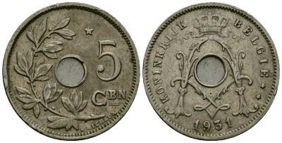 Бельгия 5 сантимов 1931 Belgie KM 67 медно-никель 4173-334