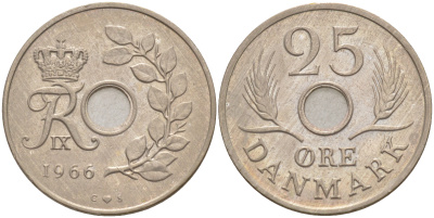 ДАНИЯ 25 ЭРЕ 1966 С; S, ФРЕДЕРИК IX (1947-1972) KM 855.1 медно-никель UNC 106-231