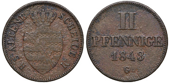 Саксен-Альтенбург 2 пфеннига 1843 G, Иосиф (1834-1848) KM 22 медь    188-459