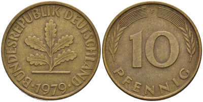 ФРГ 10 пфеннигов 1979 F KM 108, J. 383 сталь плакированная латунью 4681-1145