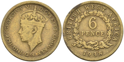 Британская Западная Африка 6 пенсов 1938 Георг VI (1936-1952) KM 22 никель-латунь 4588-661