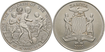 Замбия 10 квача 2000 ЮНИСЕФ, дети играют в футбол KM 119 медно-никель UNC 4552-735