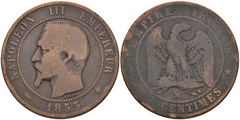 Франция 10 сантимов 1853 МА, Наполеон III (1852-1870) KM 771.6 бронза 3460-242