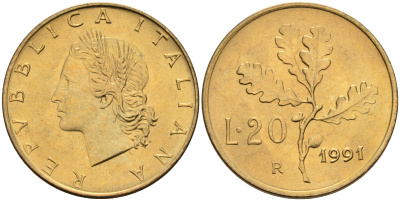 Италия 20 лир 1991 R, дубовый лист KM 97.2 алюминиевая бронза  UNC  4594-825