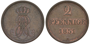 Ганновер 2 пфеннига 1851 B, Эрнст Август (1837-1851) KM 202.1, AKS 124, J. 75 медь 4681-1012