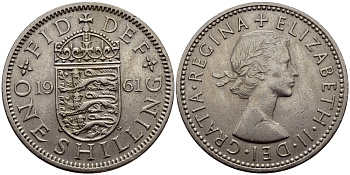 Великобритания 1 шиллинг 1961 Елизавета II (1952-2022), Английский герб KM 904, Spink 4147 медно-никель 4681-1212
