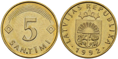 Латвия 5 сантимов 1992 KM 16 латунь 3955-922
